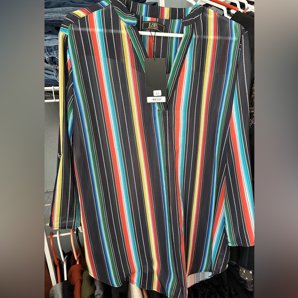 Western blouse
Black/Yellow/Teal/Red stripe 
NWT
Size Large